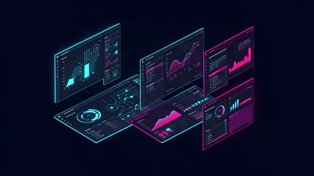 Isometrische Dashboards und moderne Software-Entwicklungs-Architektur im Cyber-Tech Stil