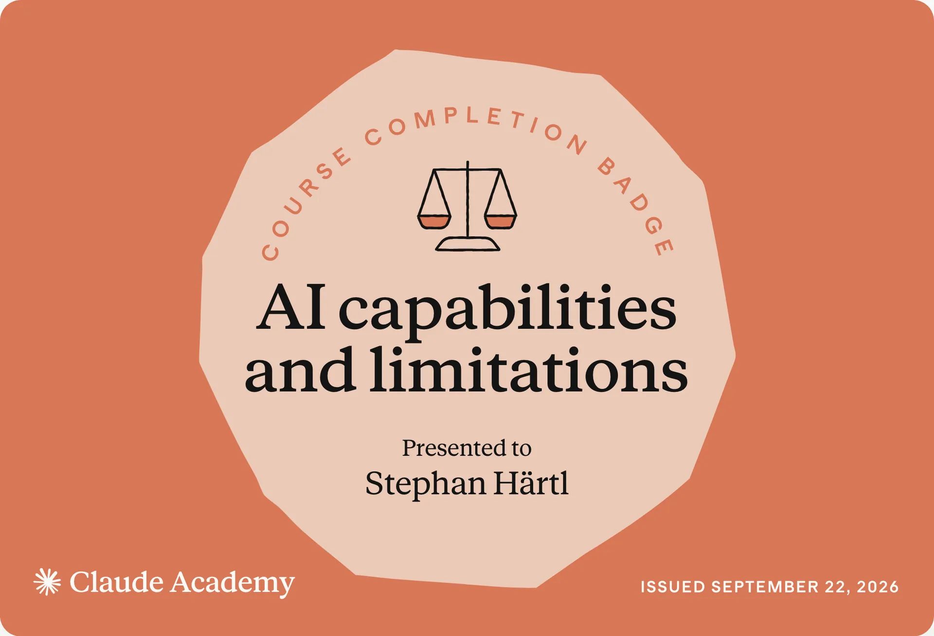 Zertifikat: AI capabilities and limitations, ausgestellt an Stephan Härtl