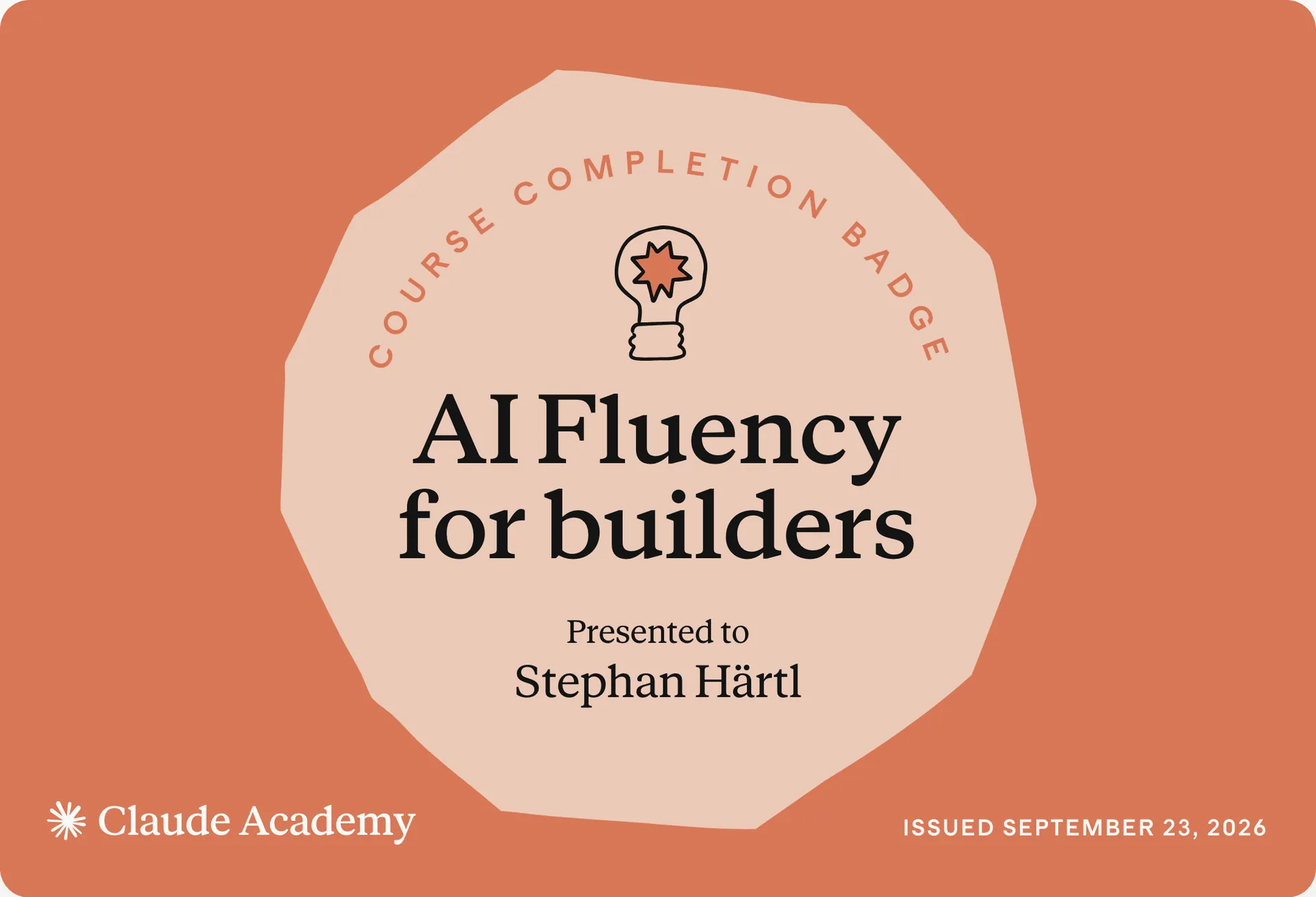 Zertifikat: AI Fluency for builders, ausgestellt an Stephan Härtl