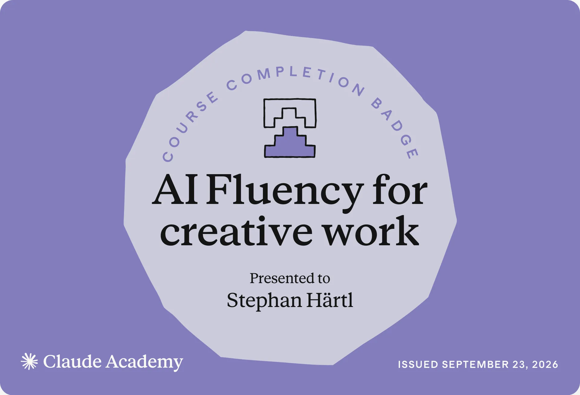 Zertifikat: AI Fluency for creative work, ausgestellt an Stephan Härtl