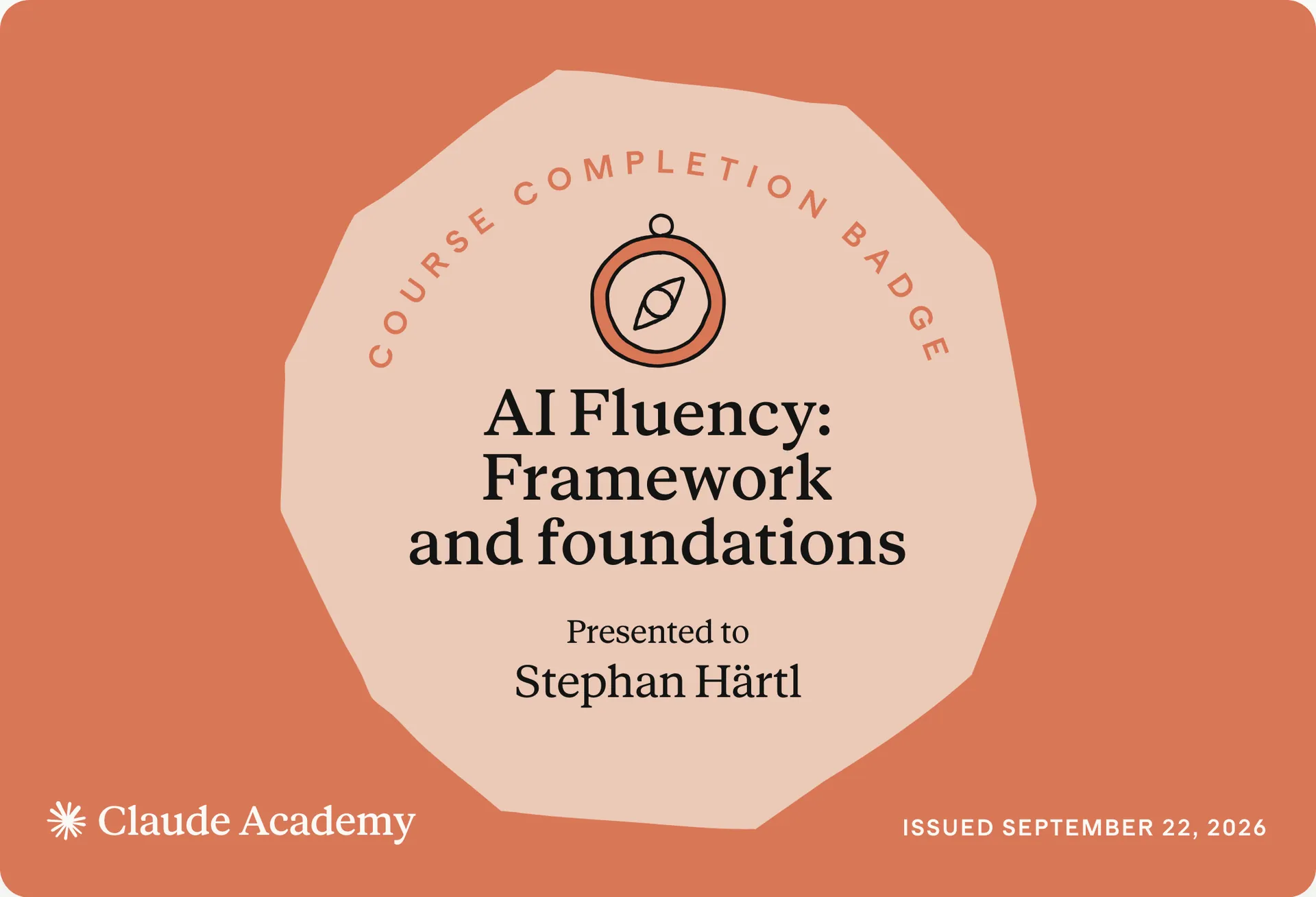 Zertifikat: AI Fluency: Framework and foundations, ausgestellt an Stephan Härtl