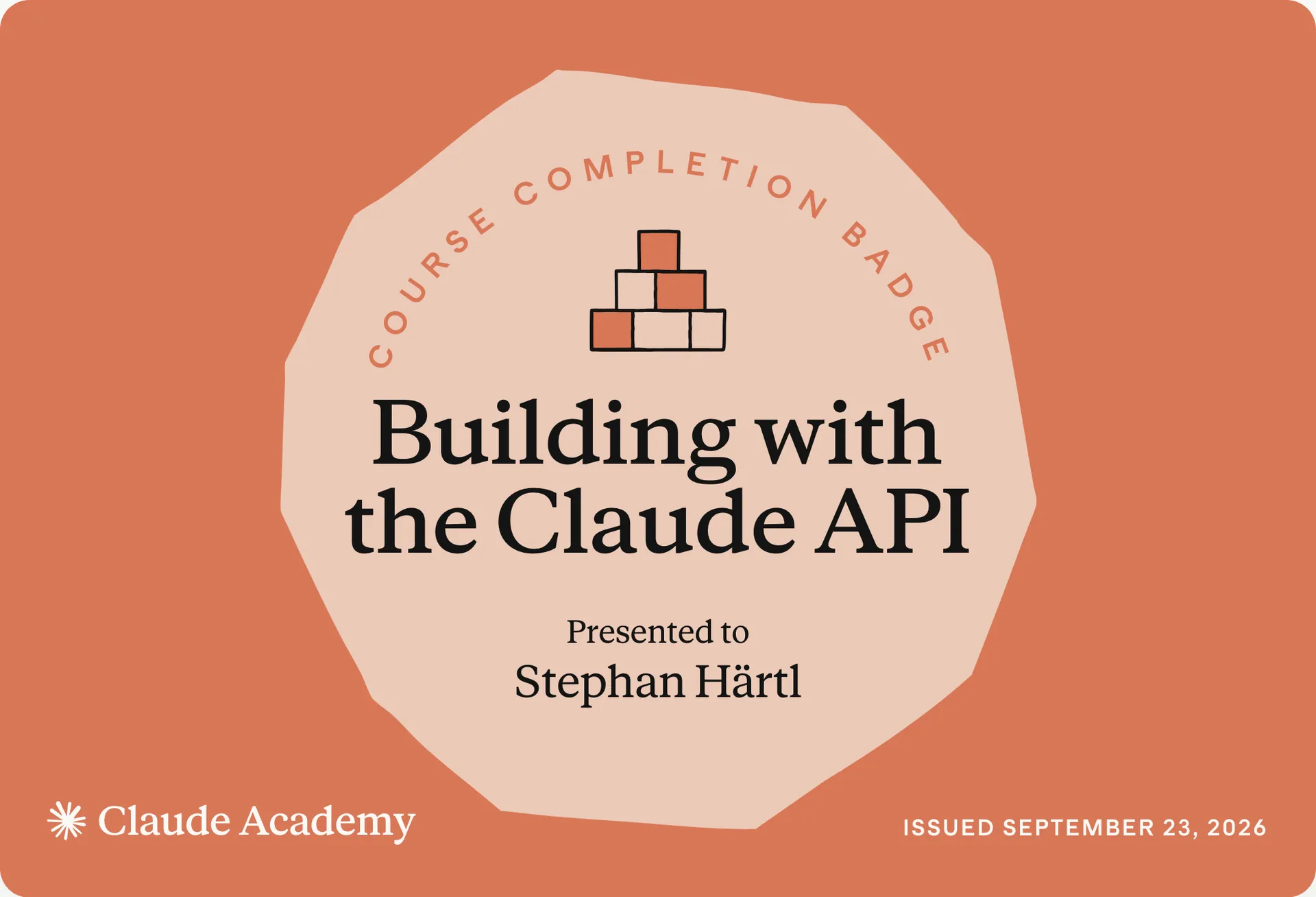 Zertifikat: Building with the Claude API, ausgestellt an Stephan Härtl