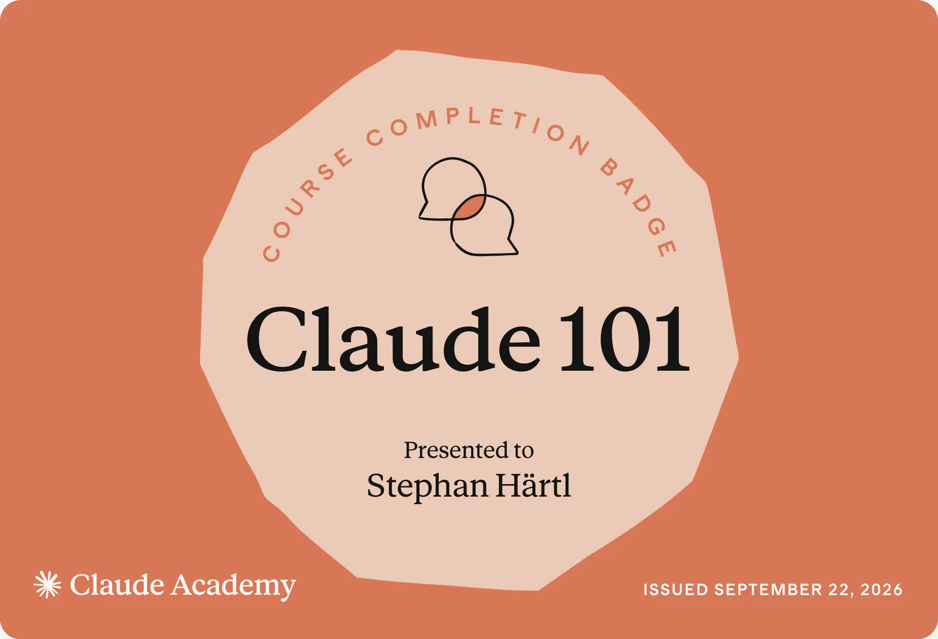 Zertifikat: Claude 101, ausgestellt an Stephan Härtl