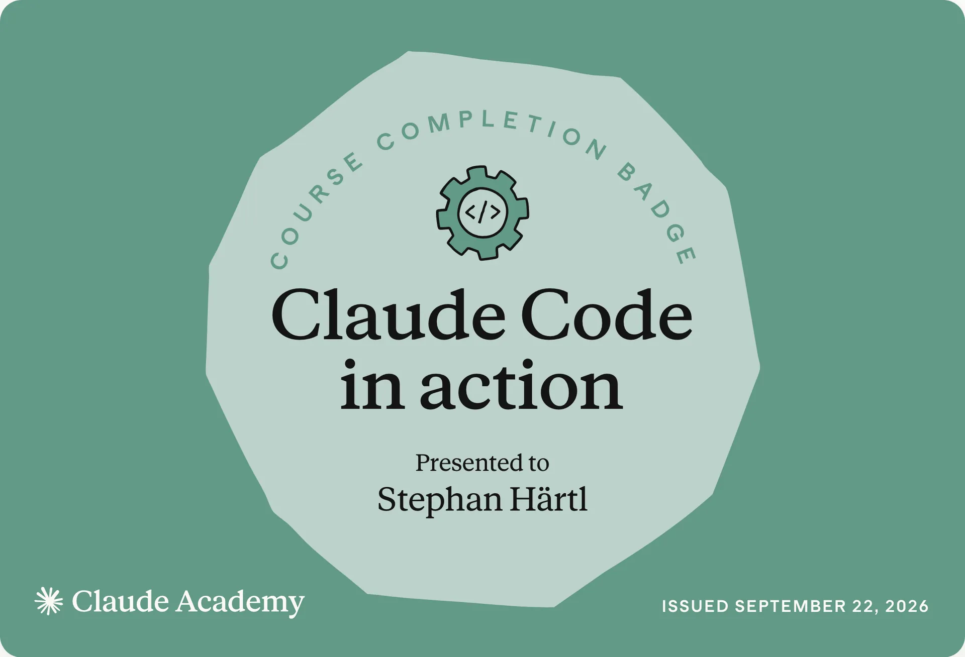 Zertifikat: Claude Code in action, ausgestellt an Stephan Härtl