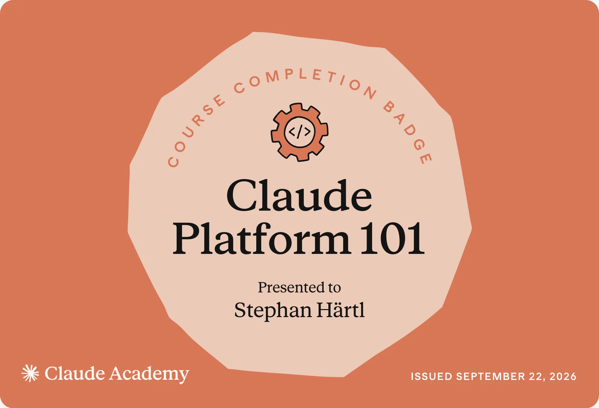 Zertifikat: Claude Platform 101, ausgestellt an Stephan Härtl