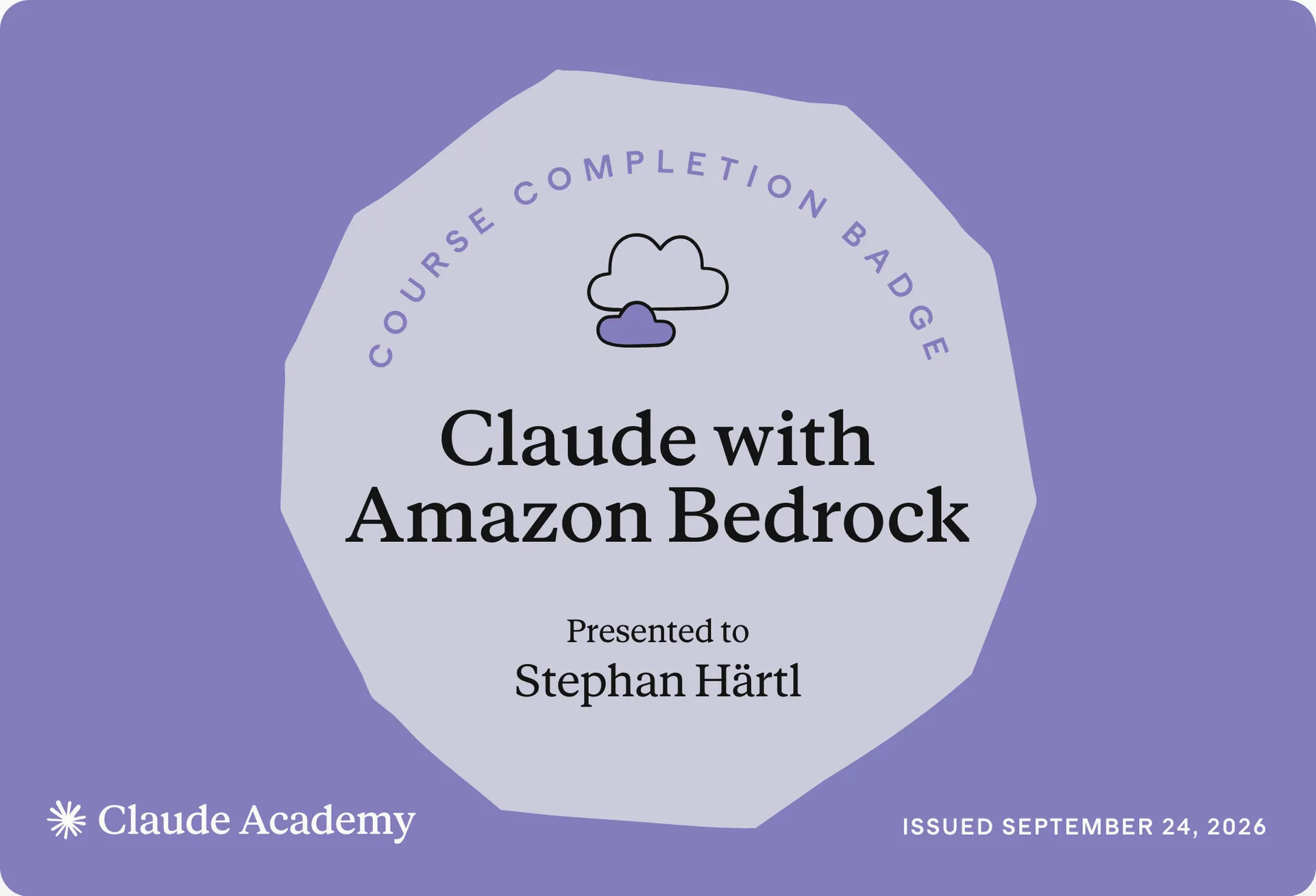 Zertifikat: Claude with Amazon Bedrock, ausgestellt an Stephan Härtl