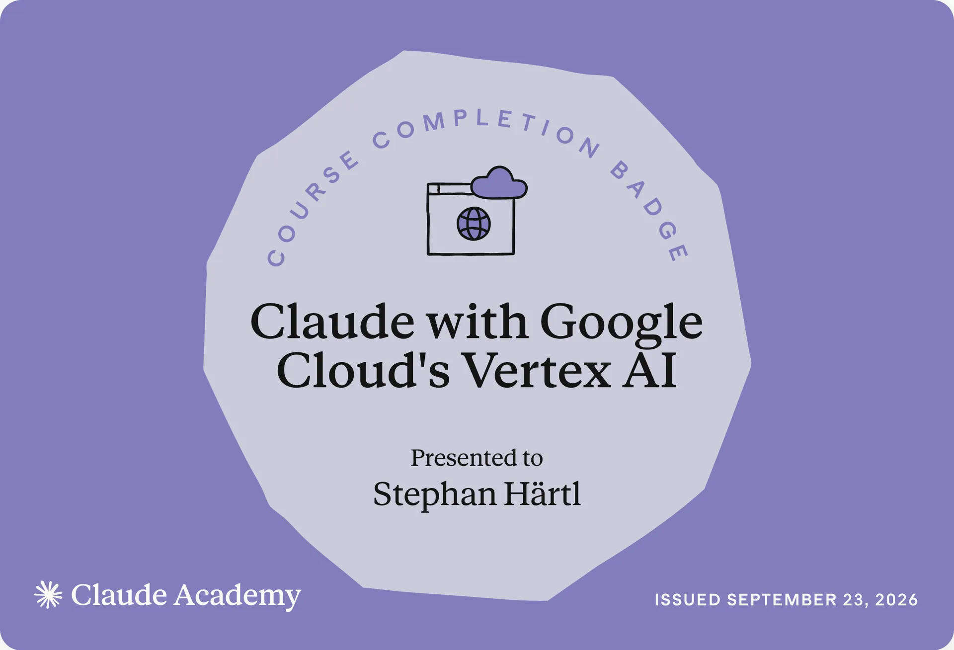 Zertifikat: Claude with Google Cloud's Vertex AI, ausgestellt an Stephan Härtl
