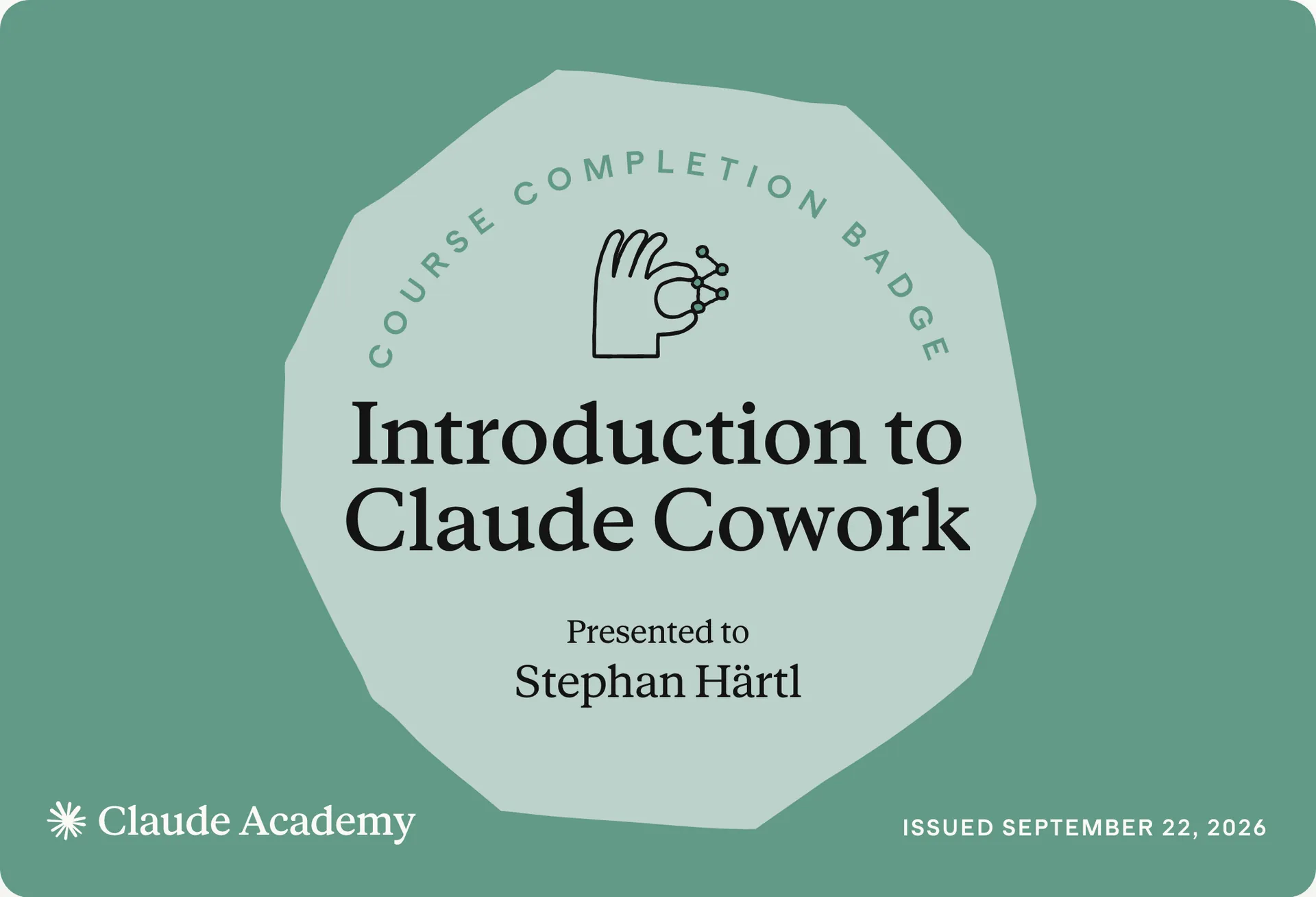 Zertifikat: Introduction to Claude Cowork, ausgestellt an Stephan Härtl