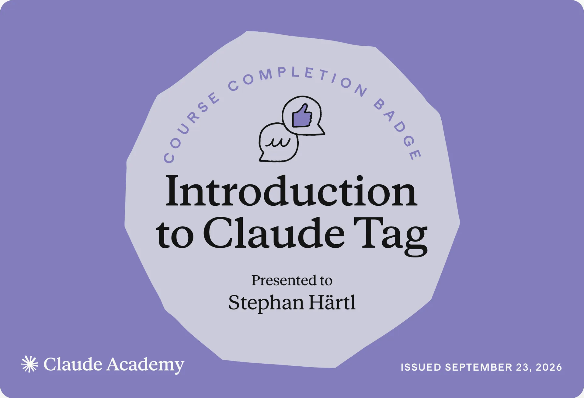 Zertifikat: Introduction to Claude Tag, ausgestellt an Stephan Härtl
