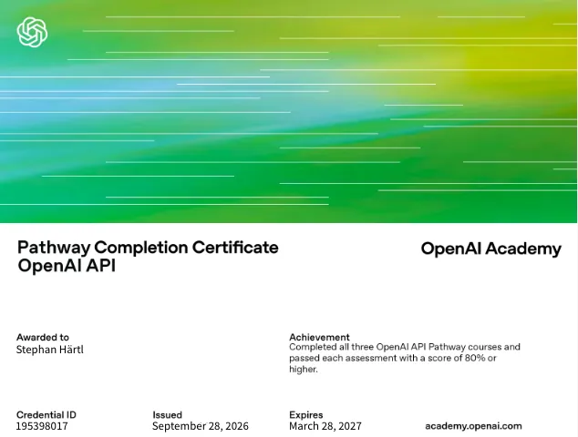 Zertifikat: OpenAI: Build With AI – OpenAI API, ausgestellt an Stephan Härtl