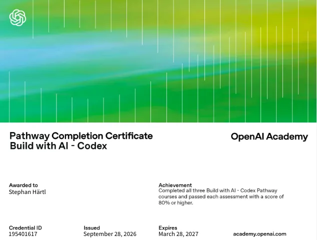 Zertifikat: OpenAI: Build with AI – Codex, ausgestellt an Stephan Härtl