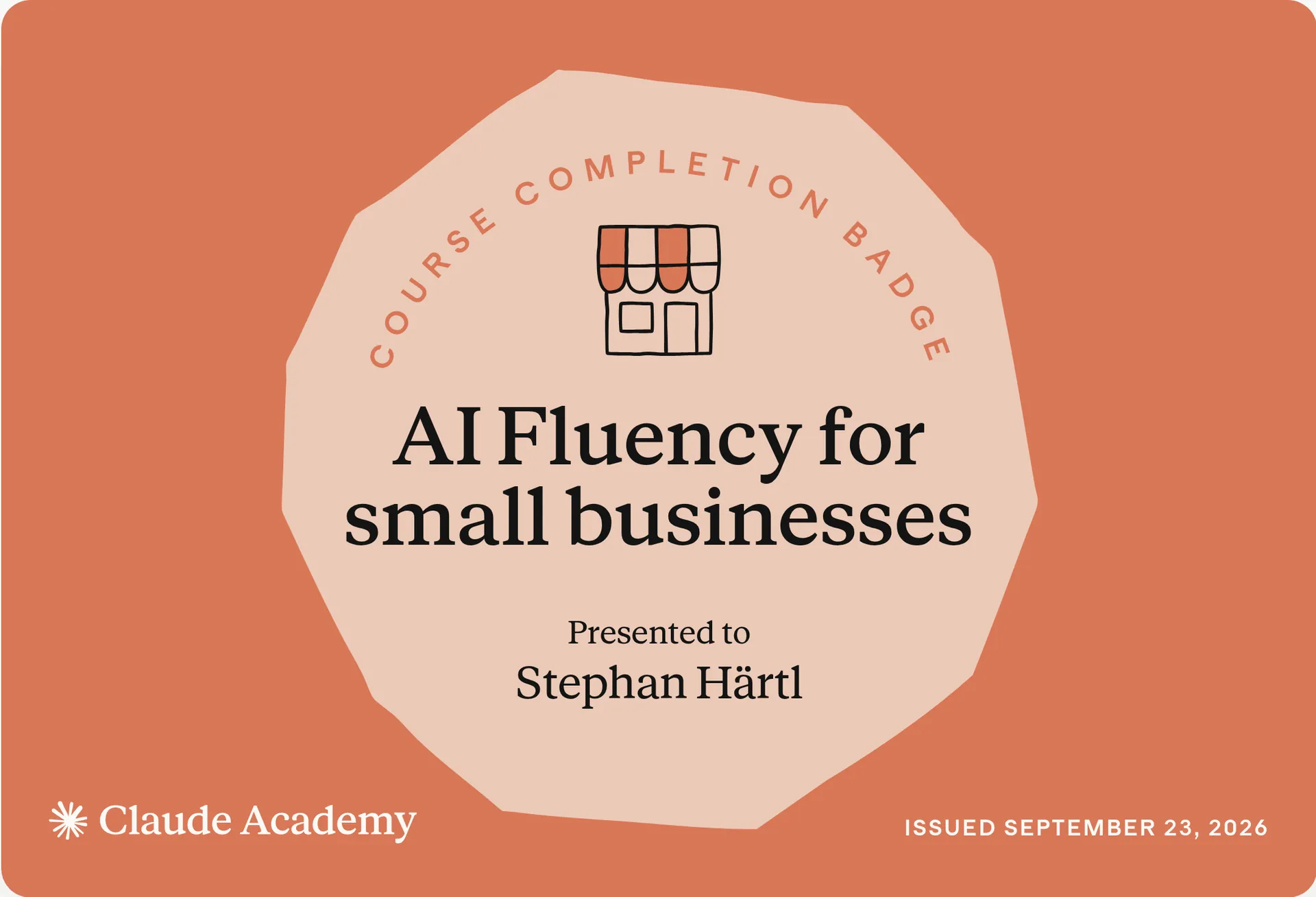 Zertifikat: AI Fluency for small businesses, ausgestellt an Stephan Härtl