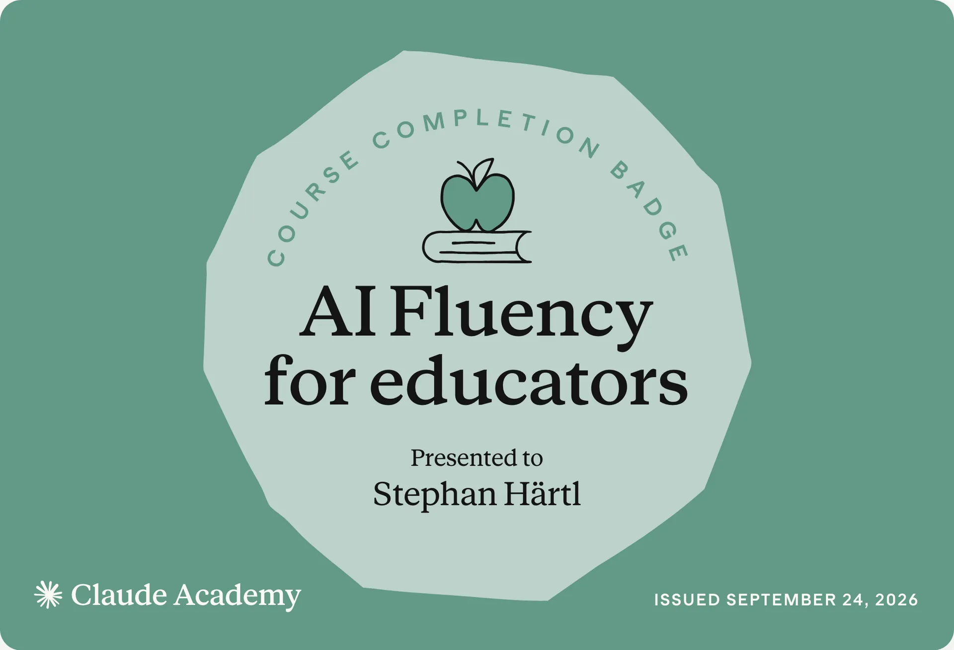 Zertifikat: AI Fluency for educators, ausgestellt an Stephan Härtl