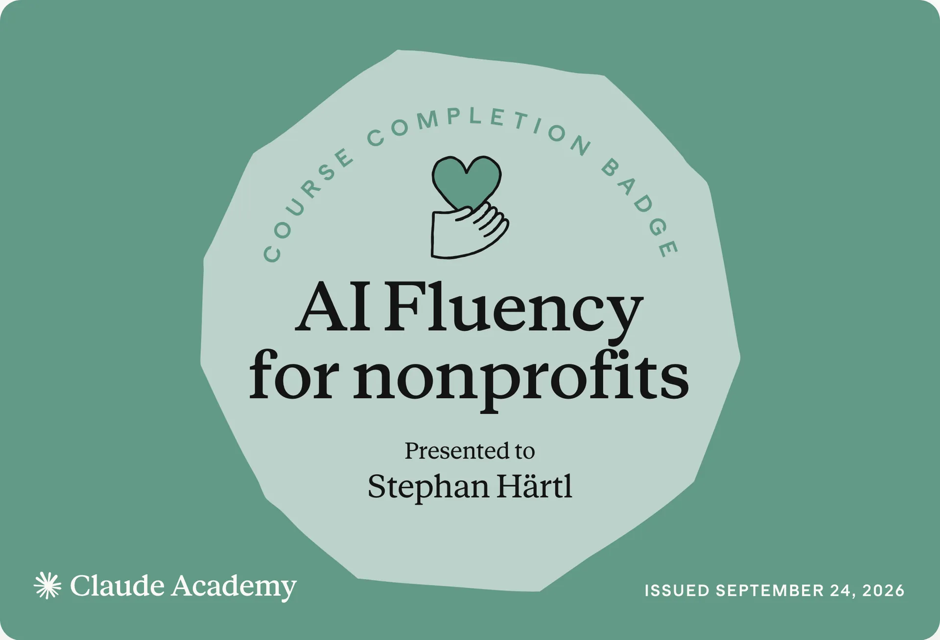 Zertifikat: AI Fluency for nonprofits, ausgestellt an Stephan Härtl
