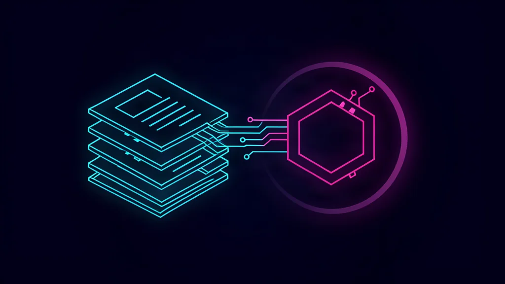 Ein Stapel Vertragsdokumente wird mit einem lokalen KI-Chip verbunden – die Dokumente verlassen das Haus nicht