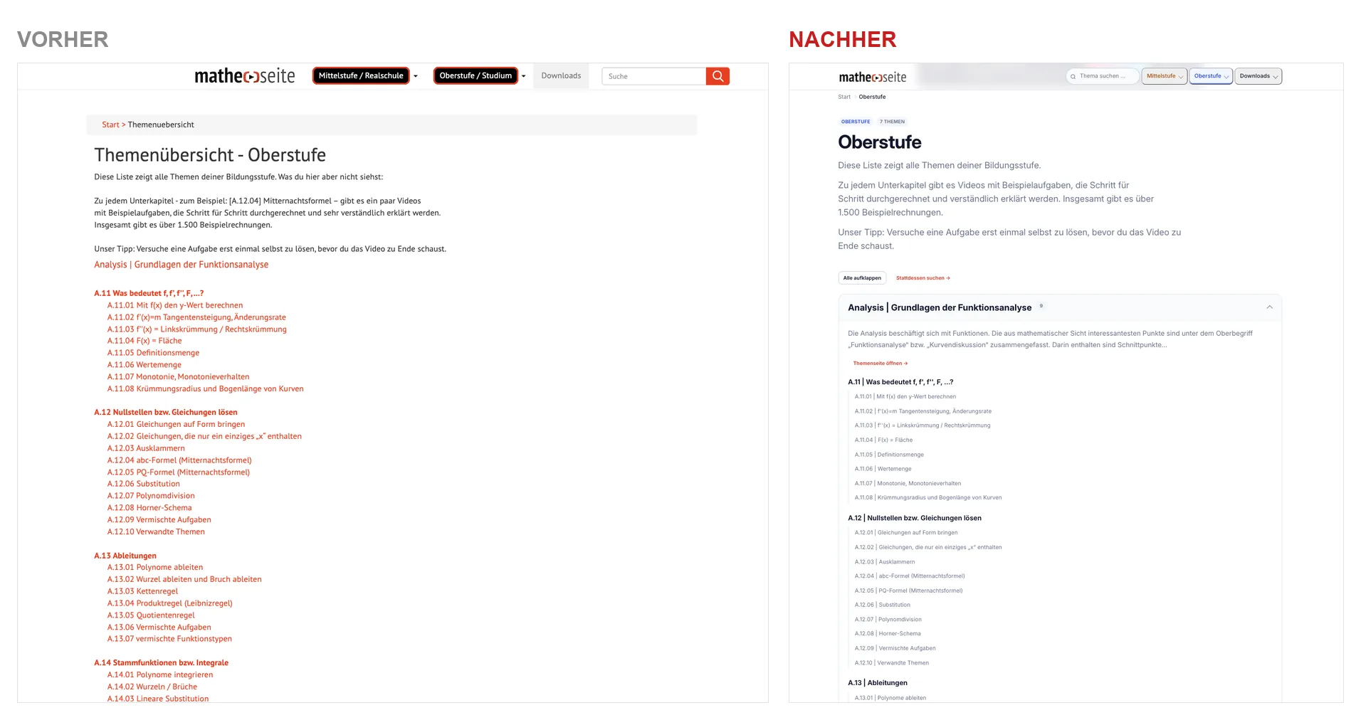 Vergleich der Themenübersicht Oberstufe: links eine lange rote Linkliste, rechts aufklappbare Kapitel mit Beschreibung