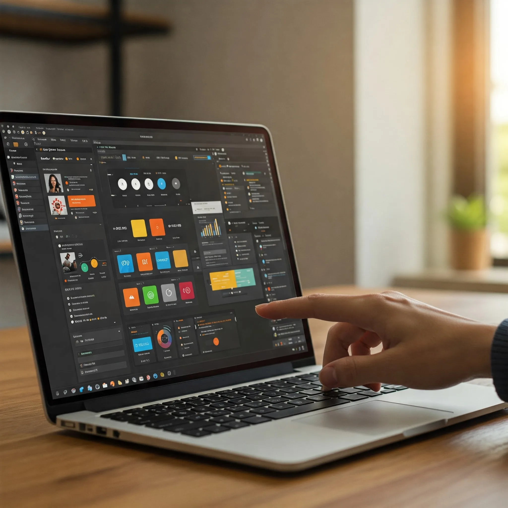 Hand zeigt auf den Bildschirm eines Laptops mit geöffneter Low-Code-Plattform und farbigen Dashboards