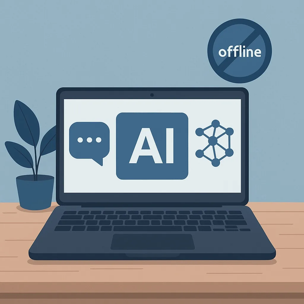 Ein Bild eines Notebooks mit Lokal genutzen KI Tools auf einem SChreibtisch.